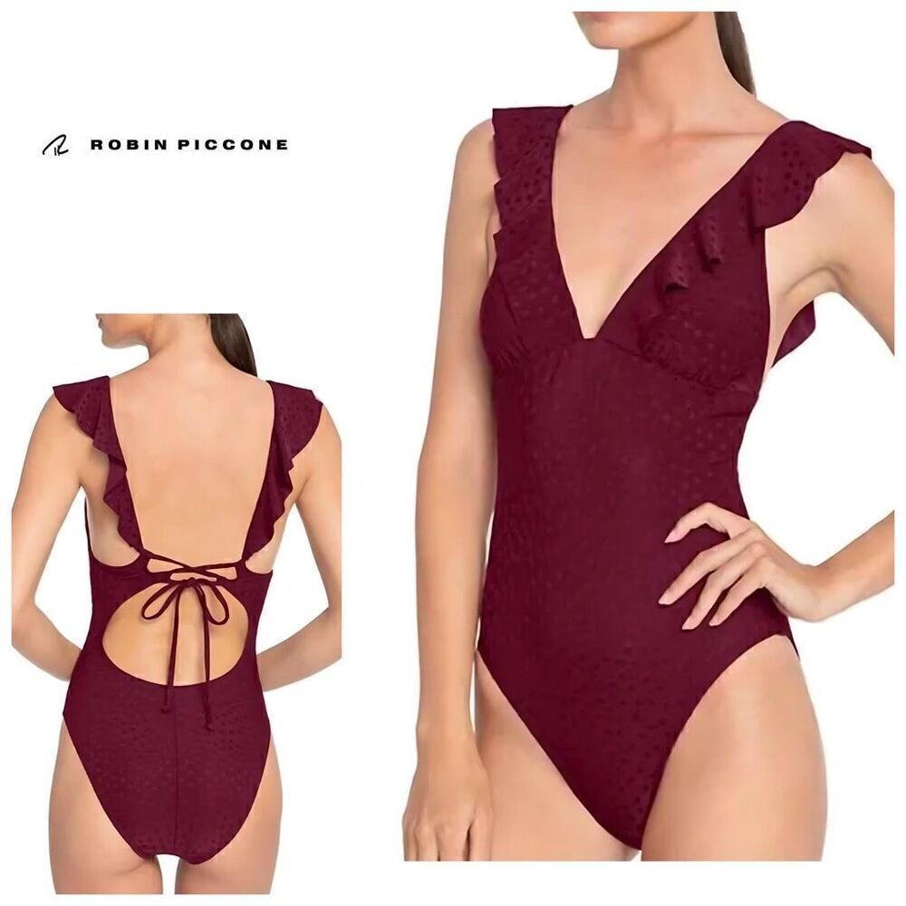 New. Robin Piccone plum ruffle one piece. Size 14. Retails $168 - Picture 8 of 13